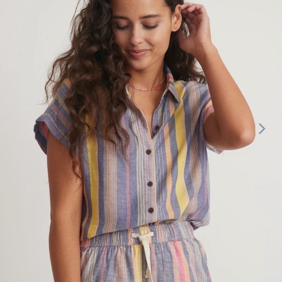 C&C California 100% Linen Multicolor Striped Button Down Top - Picture 1 of 6